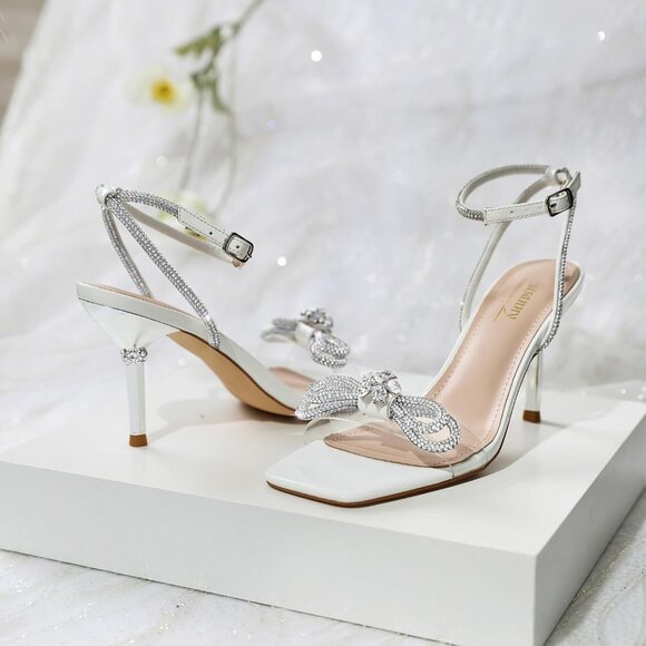 Women's White+bl Closed Toe Rhinestone Wedding Low Slingback Clear Kitten Heels - Picture 9 of 9